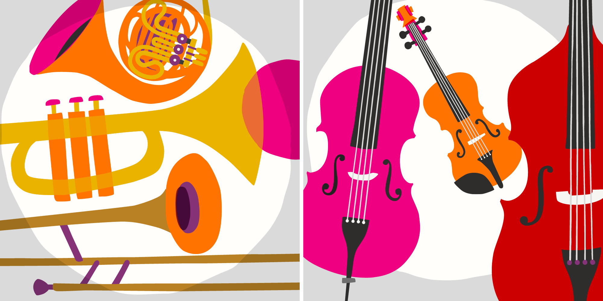 Colourful illustration of musical instruments, brass and string instruments