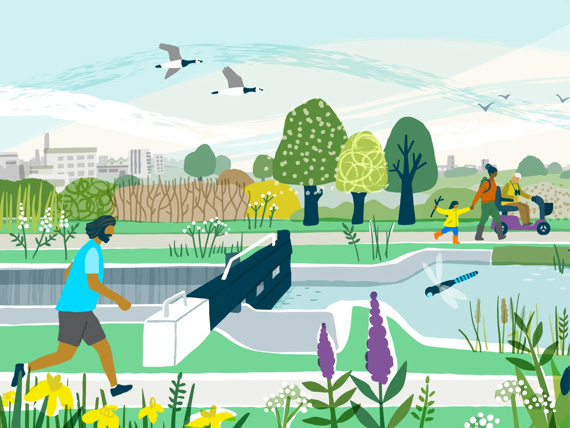 Close up, Illustration of a canal scene, featuring wildlife and nature and people enjoying leisure time, running, cycling, fishing and a family walk