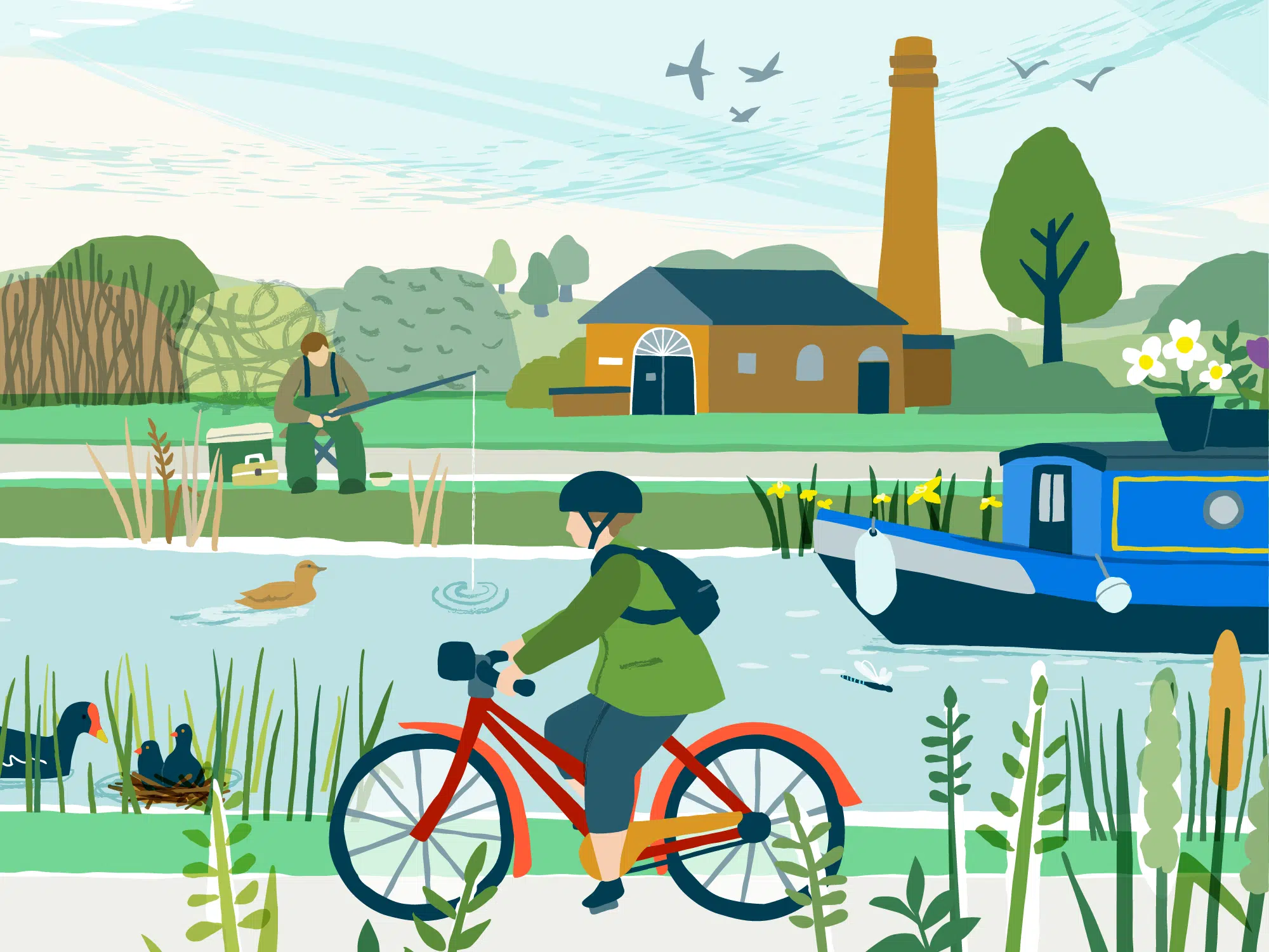 Illustration of a canal scene, featuring wildlife and nature and people enjoying leisure time, running, cycling, fishing and a family walk
