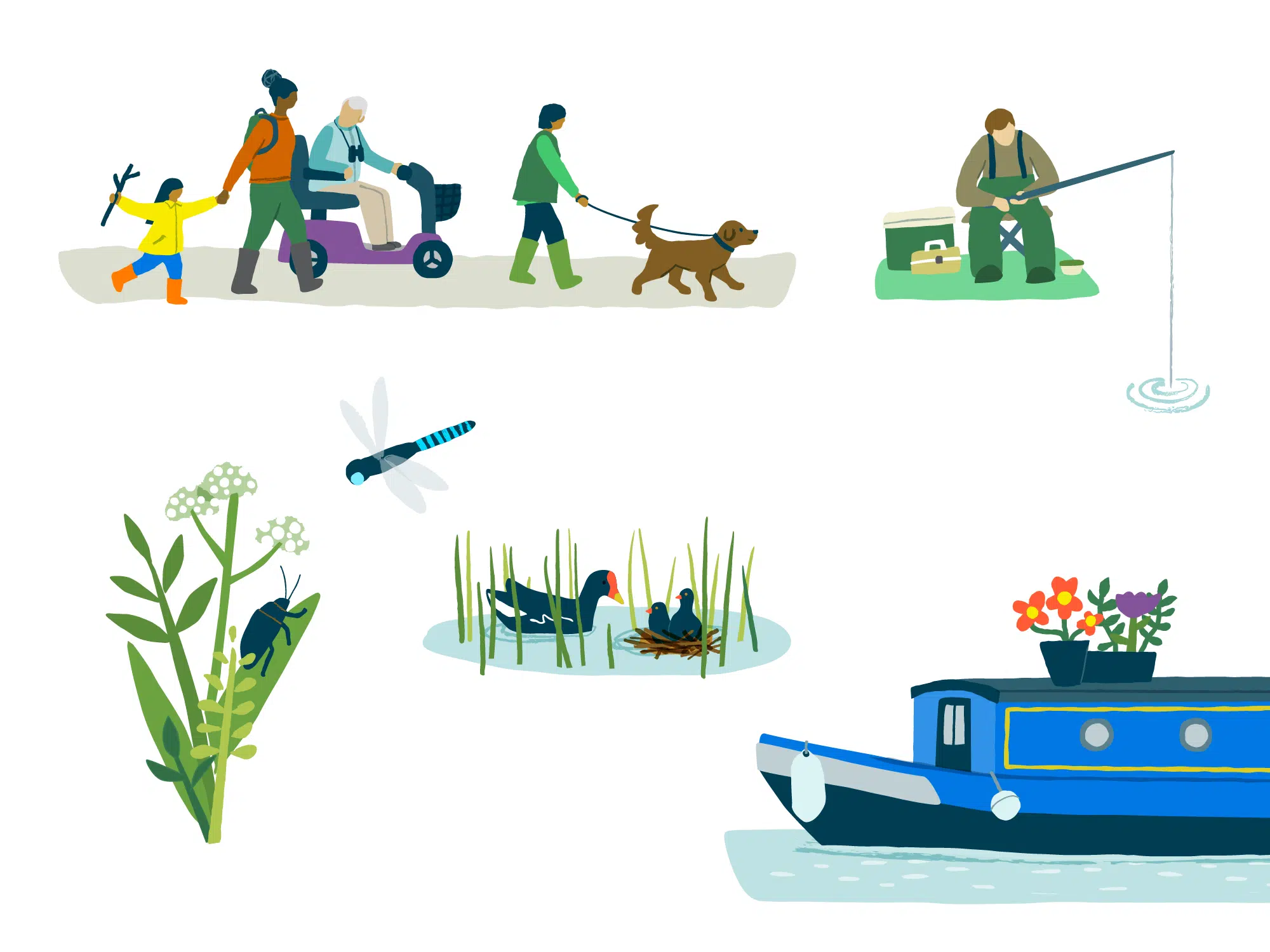 Illustrated elements from a wider canal scene, a family walking, a man fishing, dragonfly, moorhens, and a canal boat