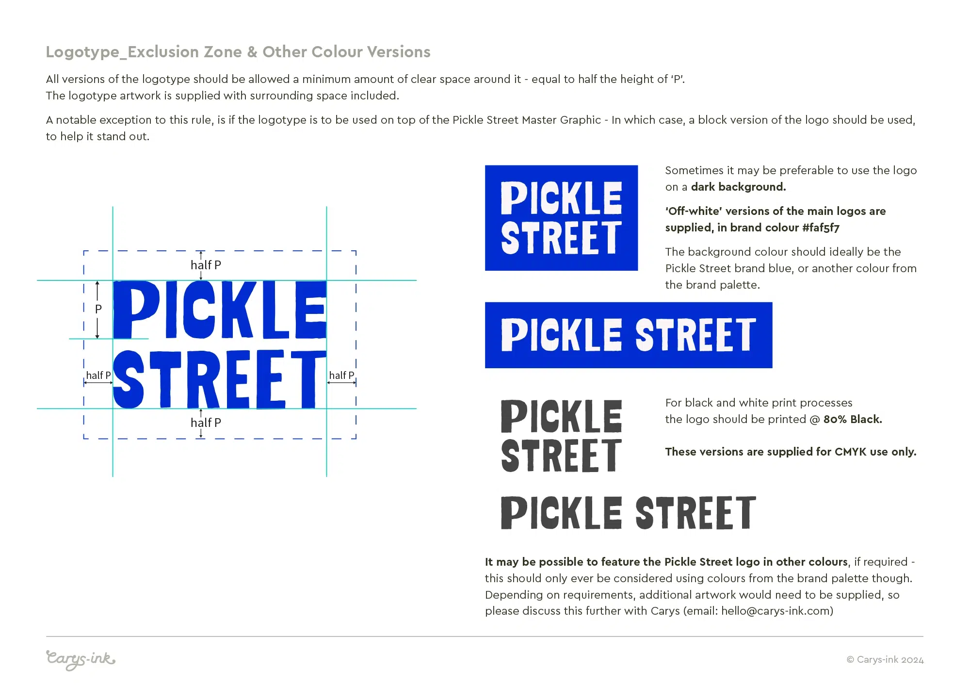 Page from brand guidelines for Pickle Street. Colourful brand identity for children’s playspace in Bristol