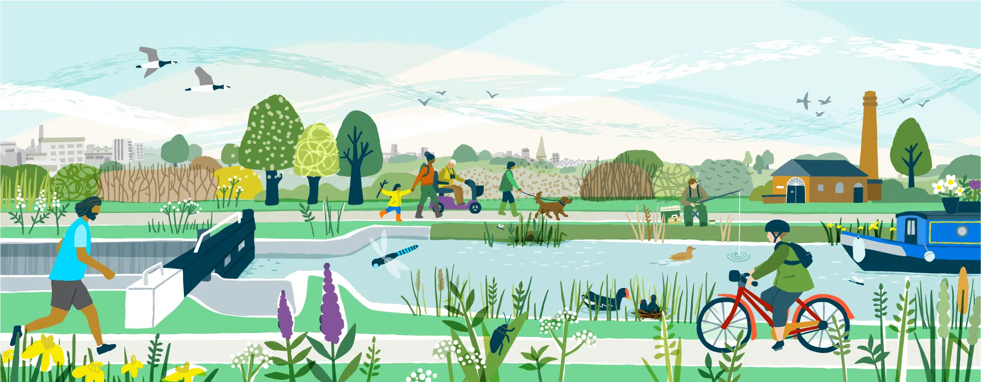 Illustration of a canal scene, featuring wildlife and nature and people enjoying leisure time, running, cycling, fishing and a family walk