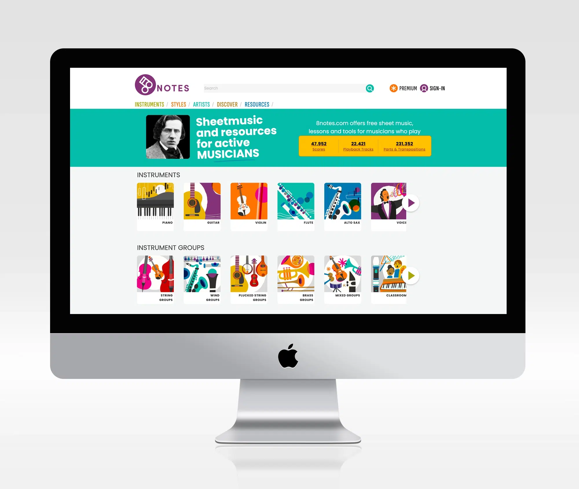 Mockup of music website on computer screen, with Colourful music themed illustrations