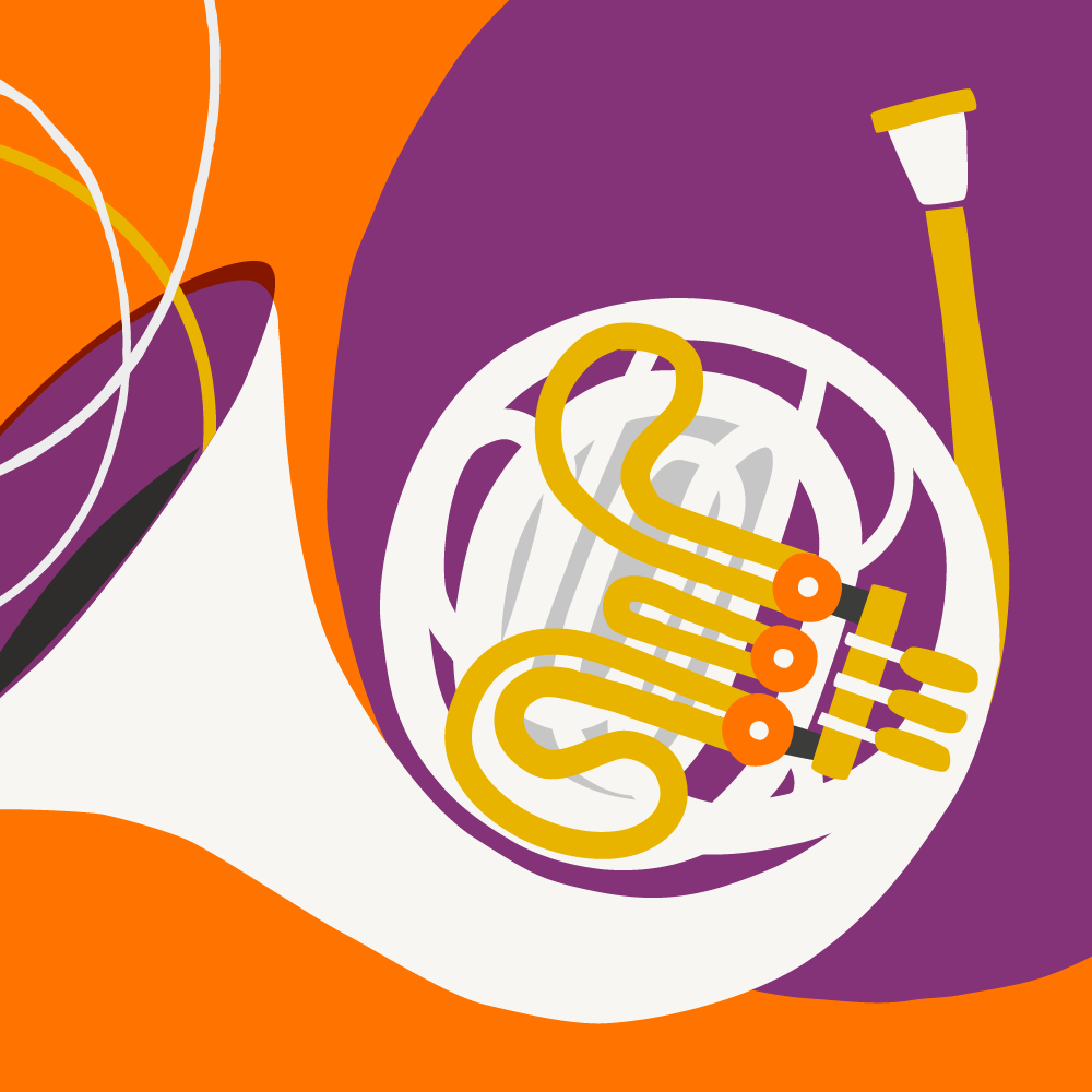 Colourful illustration of musical instrument, french horn
