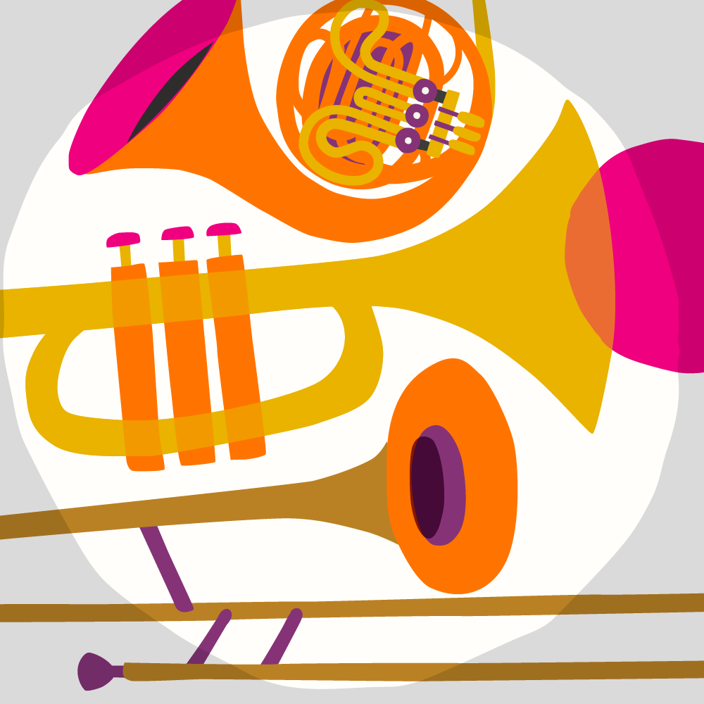 Colourful illustration of musical instrument, brass group