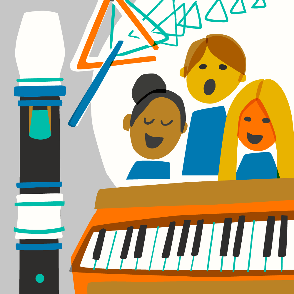Colourful illustration of musical instrumentS and children singing