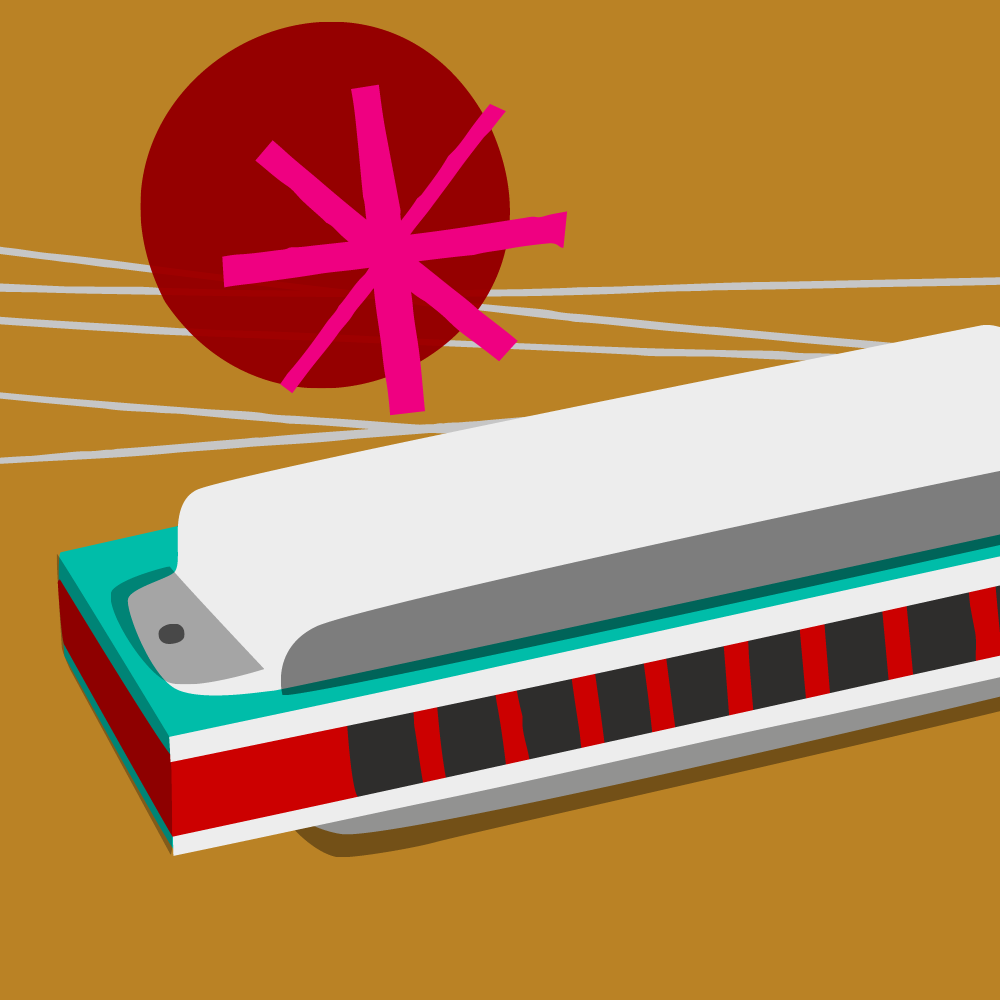 Colourful illustration of musical instrument, harmonica