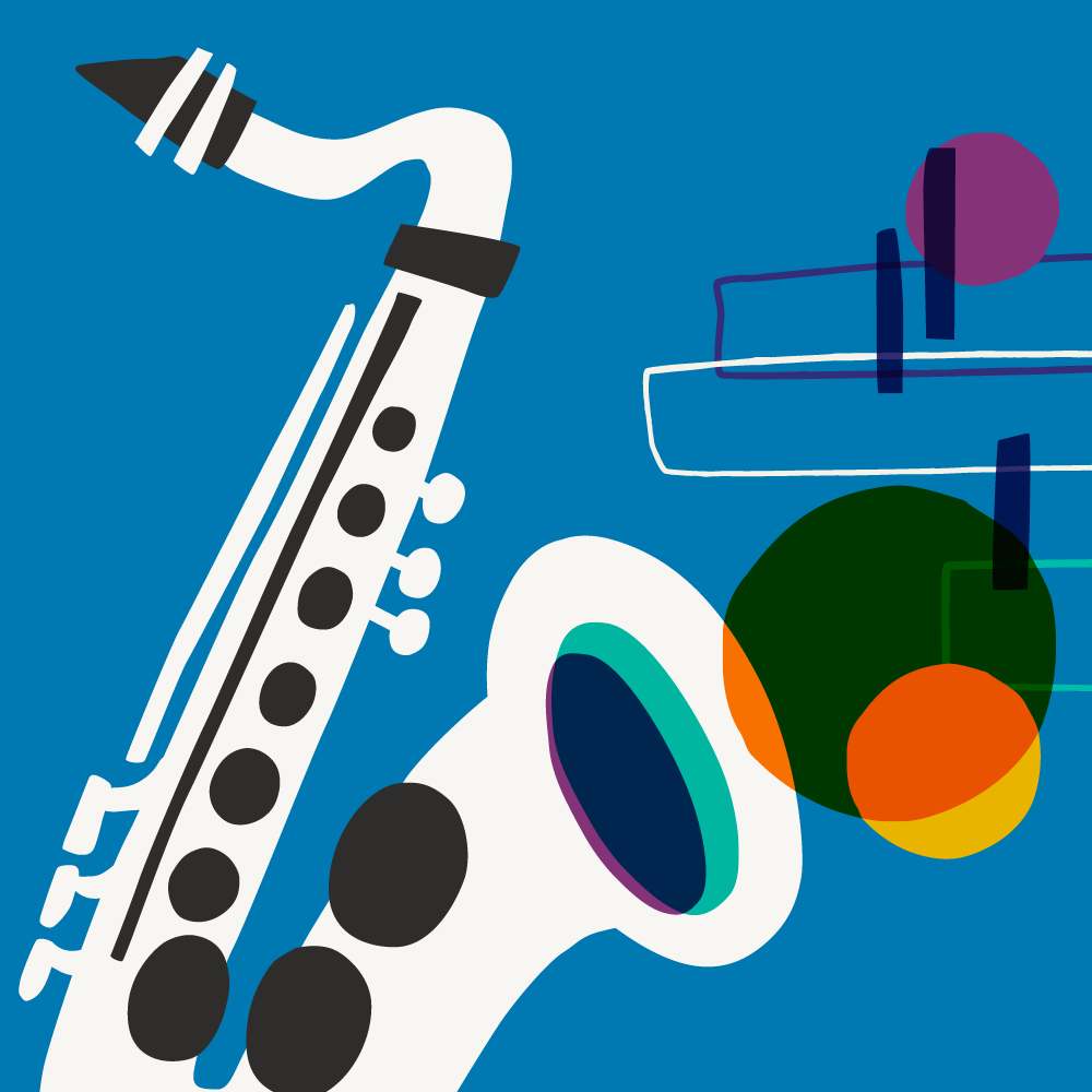 Colourful illustration of musical instrument, saxophone