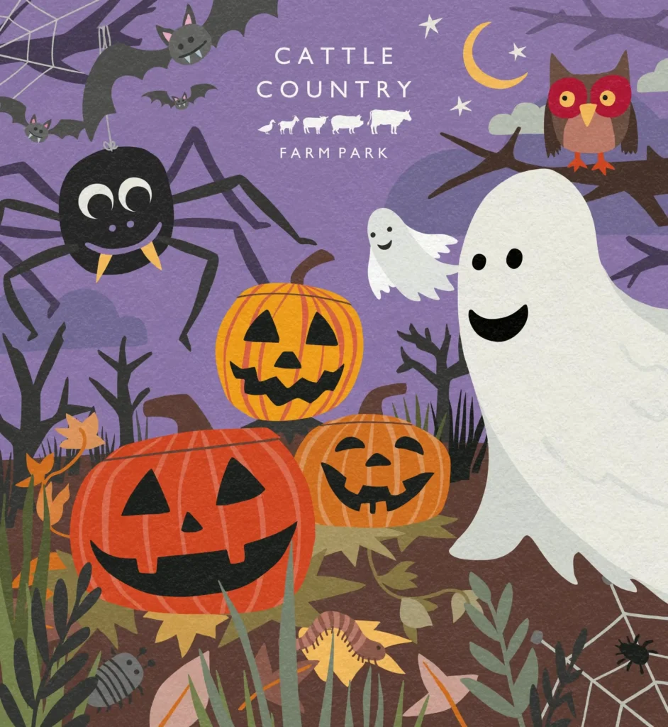Halloween seasonal artwork created for Cattle Country Farm Park, featuring a friendly spider, pumpkins, and ghosts