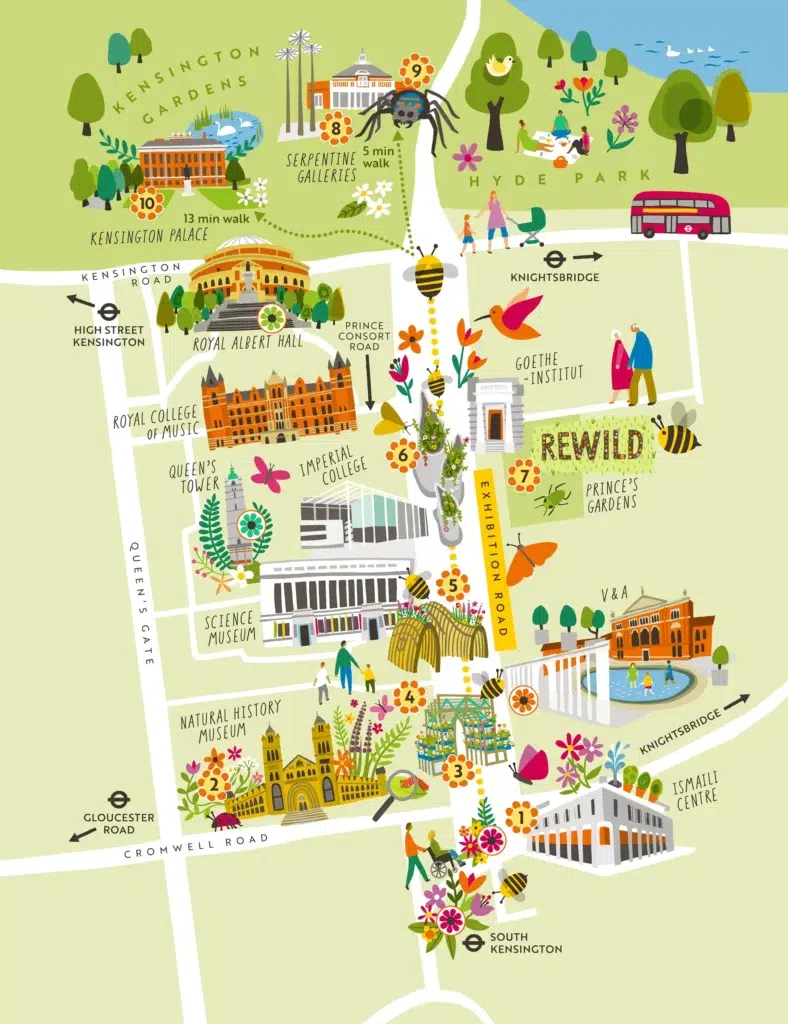 Stage 4 of 5 showing the process of creating an illustrated map for a nature-inspired, family-friendly trail in Soth Kensington, London