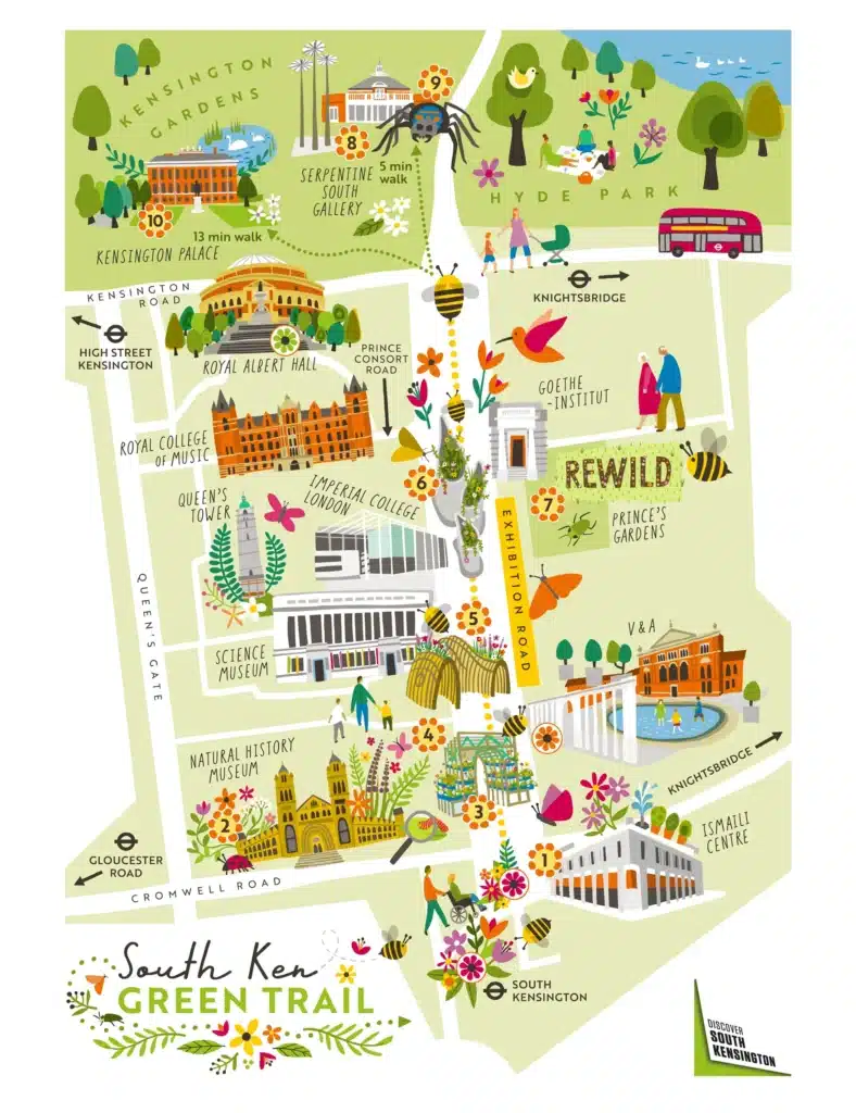 Stage 5 of 5 showing the process of creating an illustrated map for a nature-inspired, family-friendly trail in Soth Kensington, London