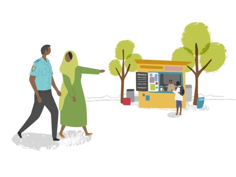 People illustration. Local woman pointing to direct a policeman in third world country, coffee stand in background