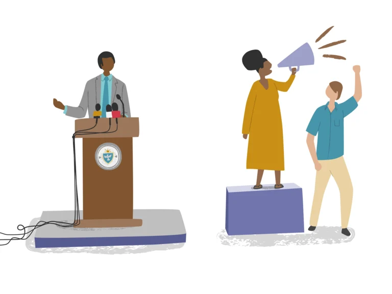 Activism illustration. Man standing at a lectern making a speech, woman standing on a box, speaking into a loud hailer