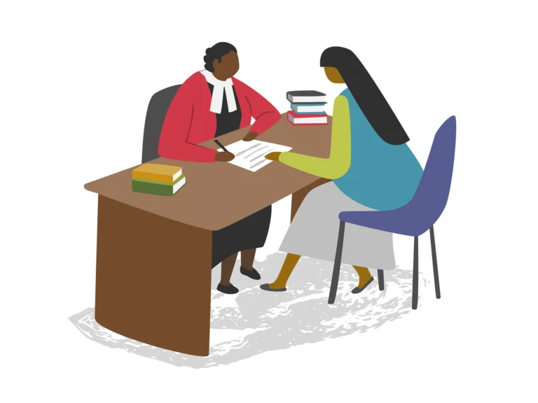 Illustration of a young woman receiving legal advice at a desk from robed barrister