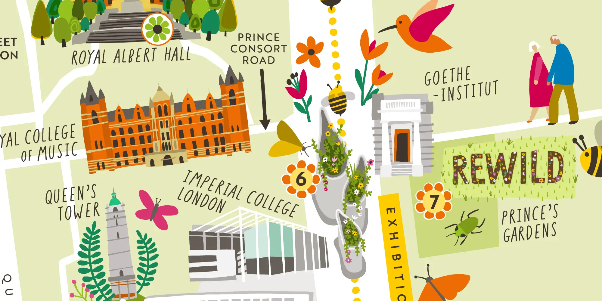 illustrated map of a city, with nature and green spaces