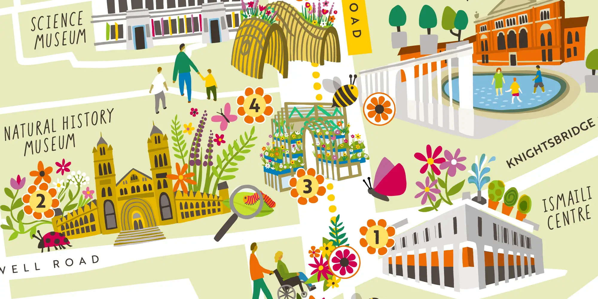 illustrated map of a city, with nature and green spaces
