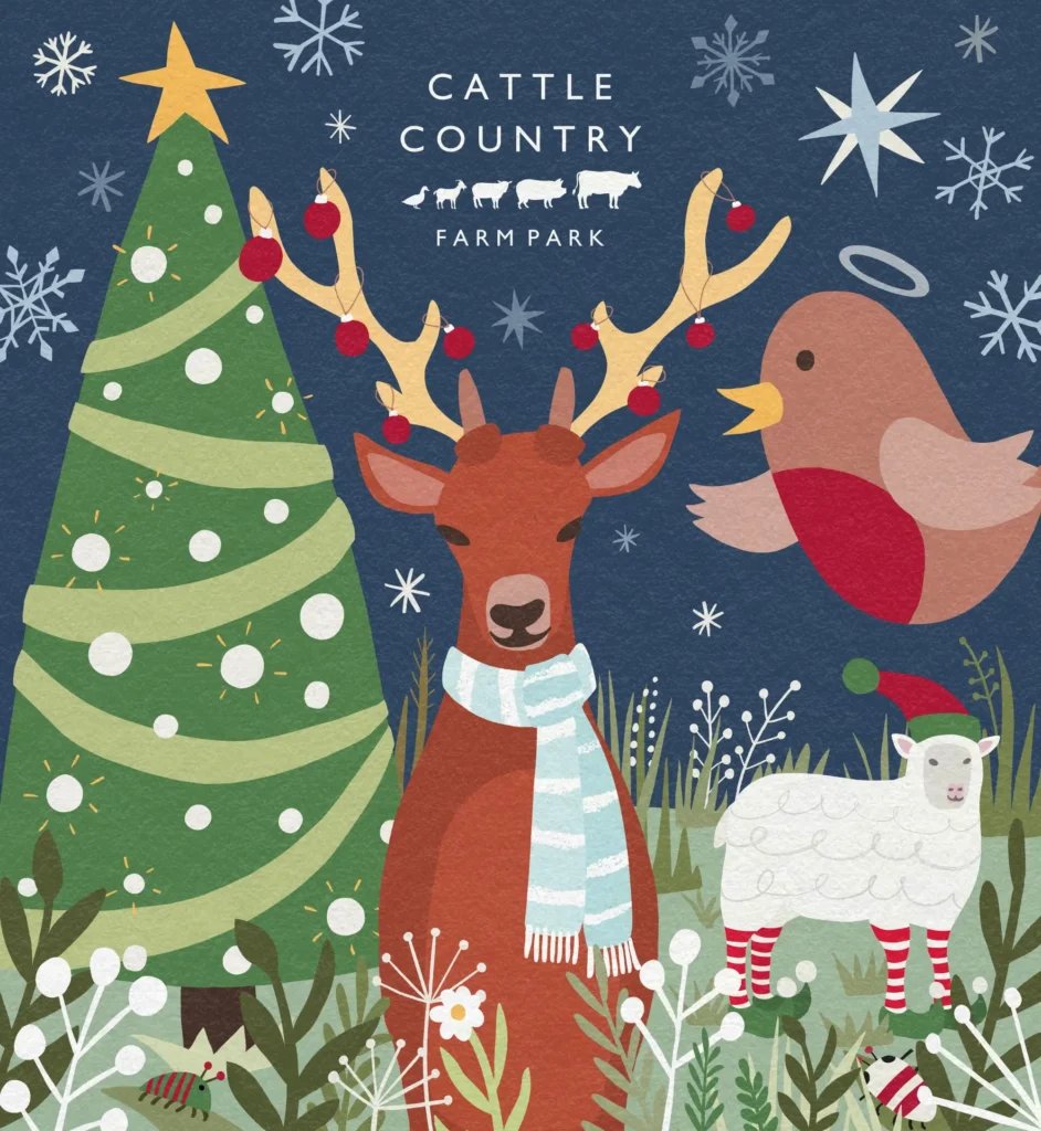 Christmas easonal artwork created for Cattle Country Farm Park, featuring a reindeer, robin and festive sheep