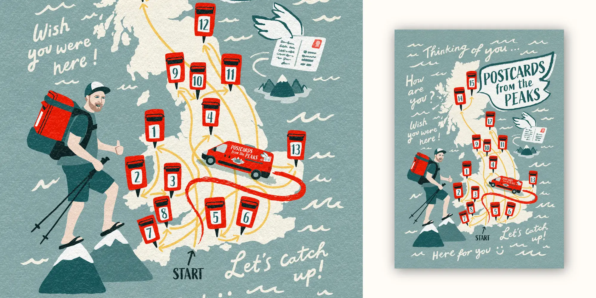 Illustrated map showing the route around the UK for the 'Postcards from the Peaks Challenge'. Featuring 15 Royal Mail postboxes to mark the highest points being climbed in all 15 of the National Parks in the UK. Close up and full image of the map illustration.