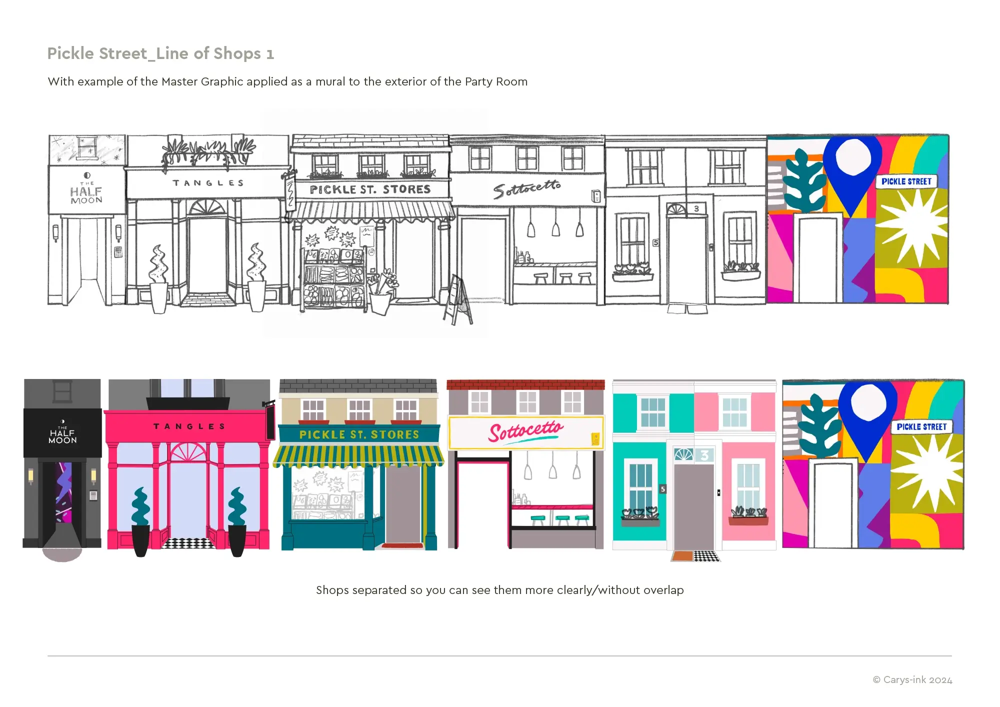 Designs for a colourful row of shops in Pickle Street, an immersive role play village for children