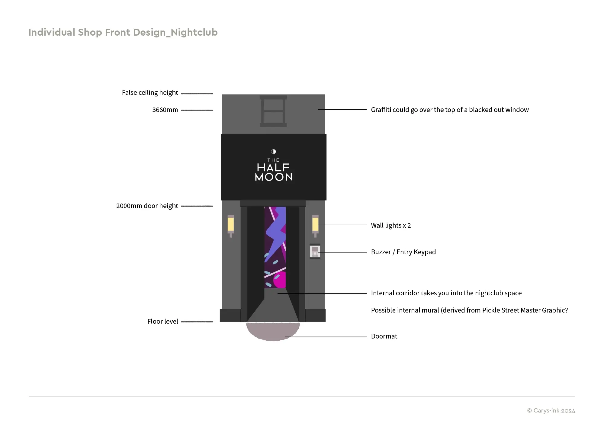 Nightclub Design for a colourful row of shops in Pickle Street, an immersive role play village for children