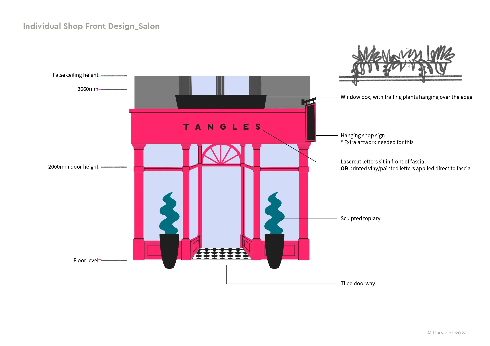 Salon Design for a colourful row of shops in Pickle Street, an immersive role play village for children