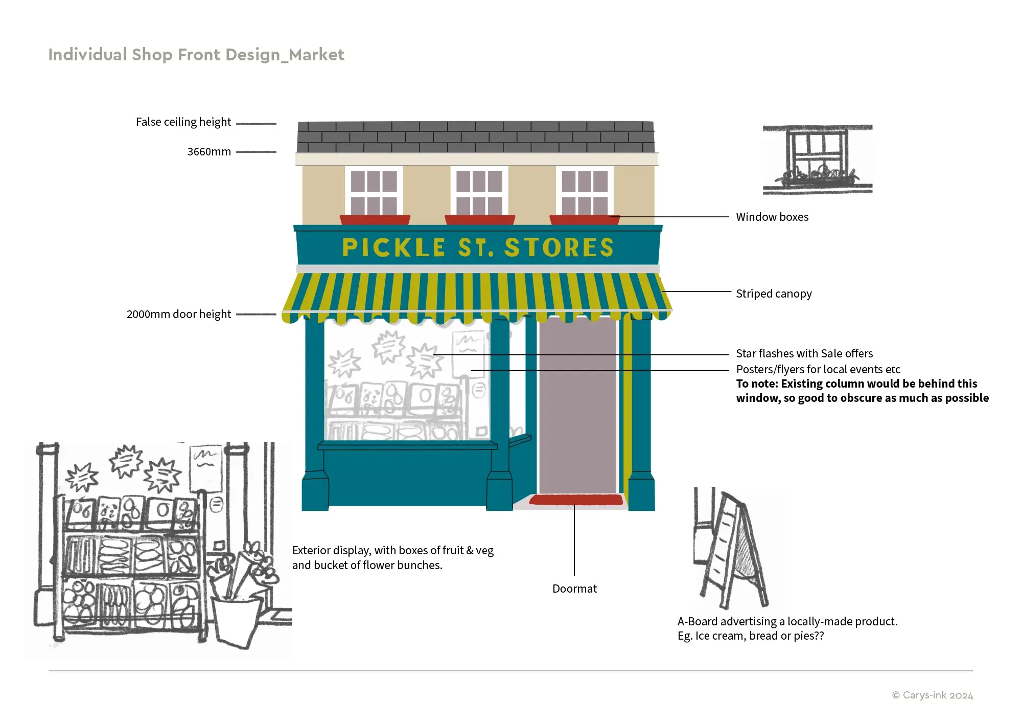 General Store Design for a colourful row of shops in Pickle Street, an immersive role play village for children
