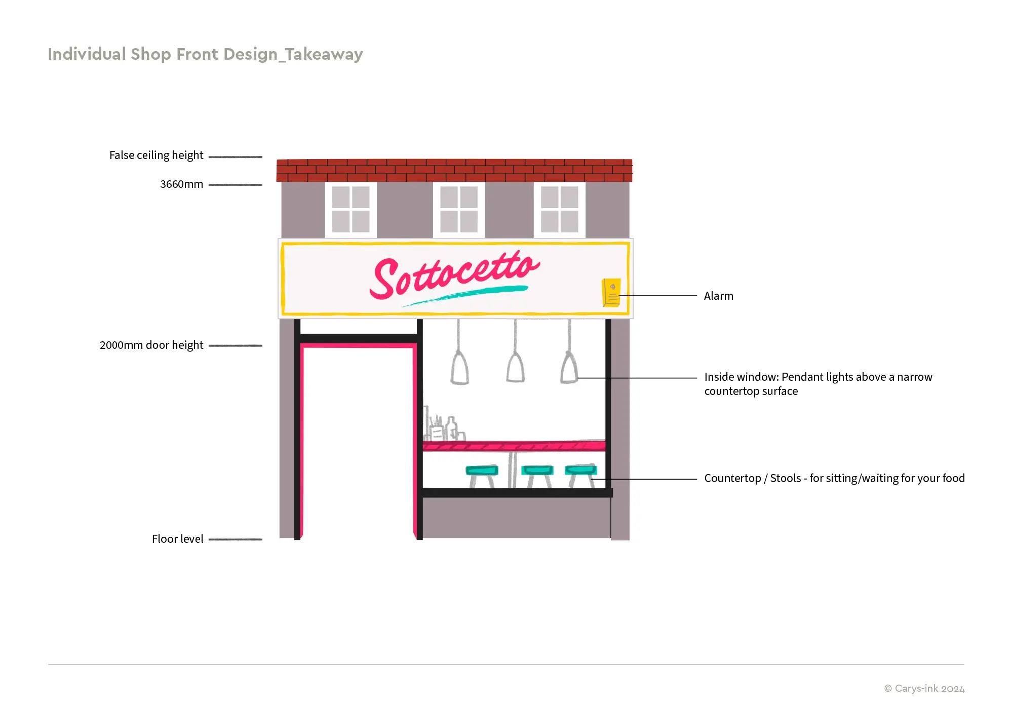 Takeaway Design for a colourful row of shops in Pickle Street, an immersive role play village for children