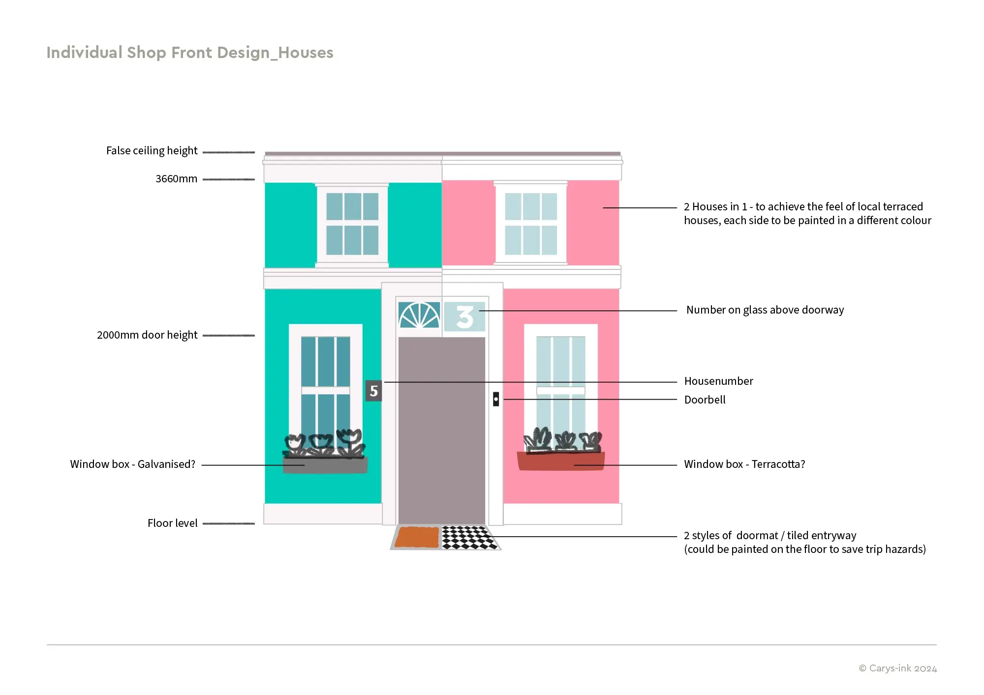 Coloured house Design for a colourful row of shops in Pickle Street, an immersive role play village for children