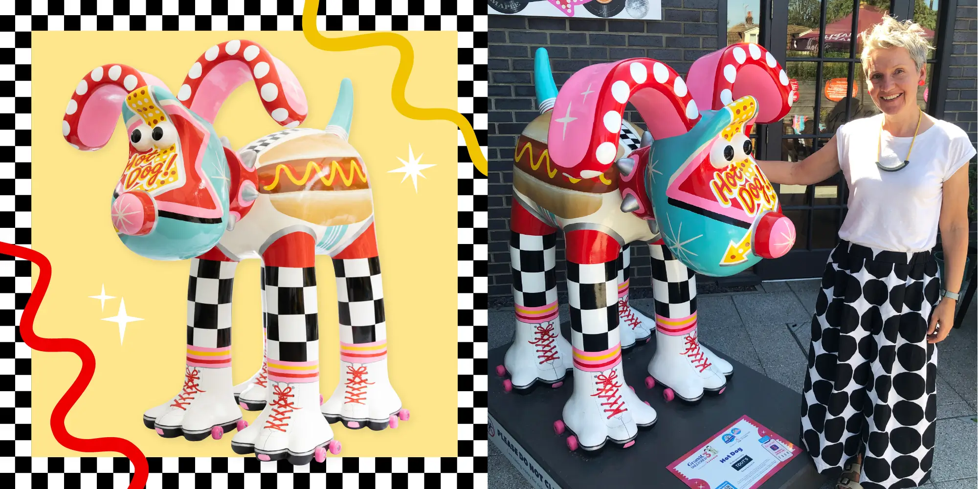Gromit Unleashed 3 Sculpture 'Hot Dog' - Official photo and with artist Carys Tait at the scultures location in Cleeve
