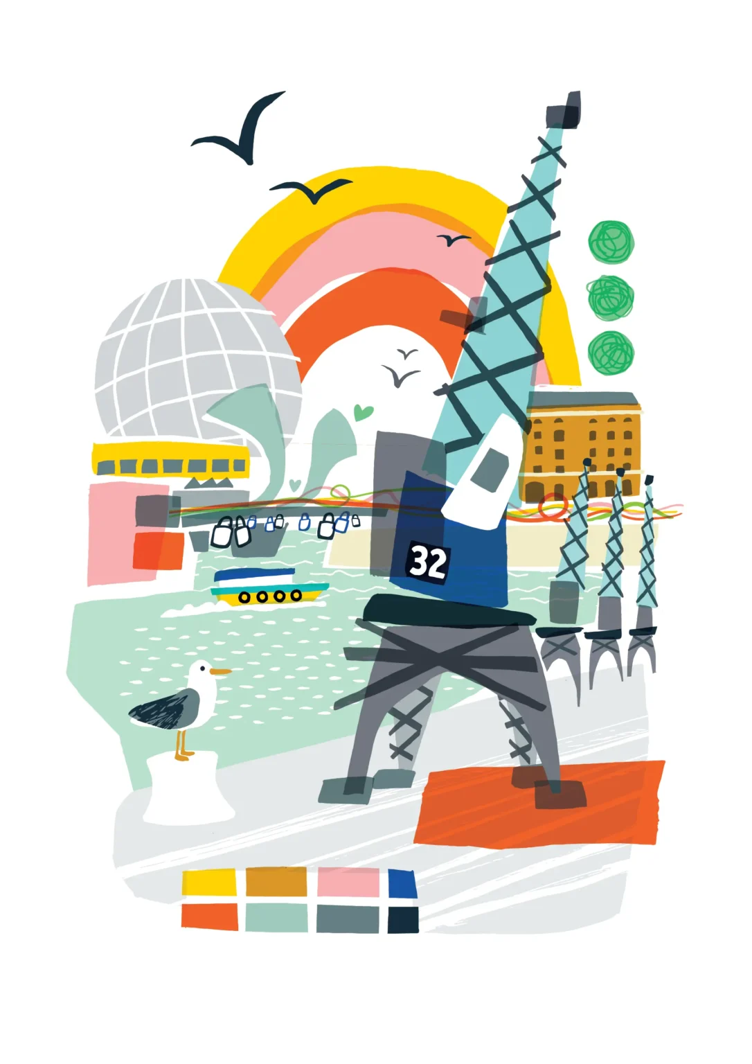Stylised illustration of Bristol harbourside, for use as hospital artwork
