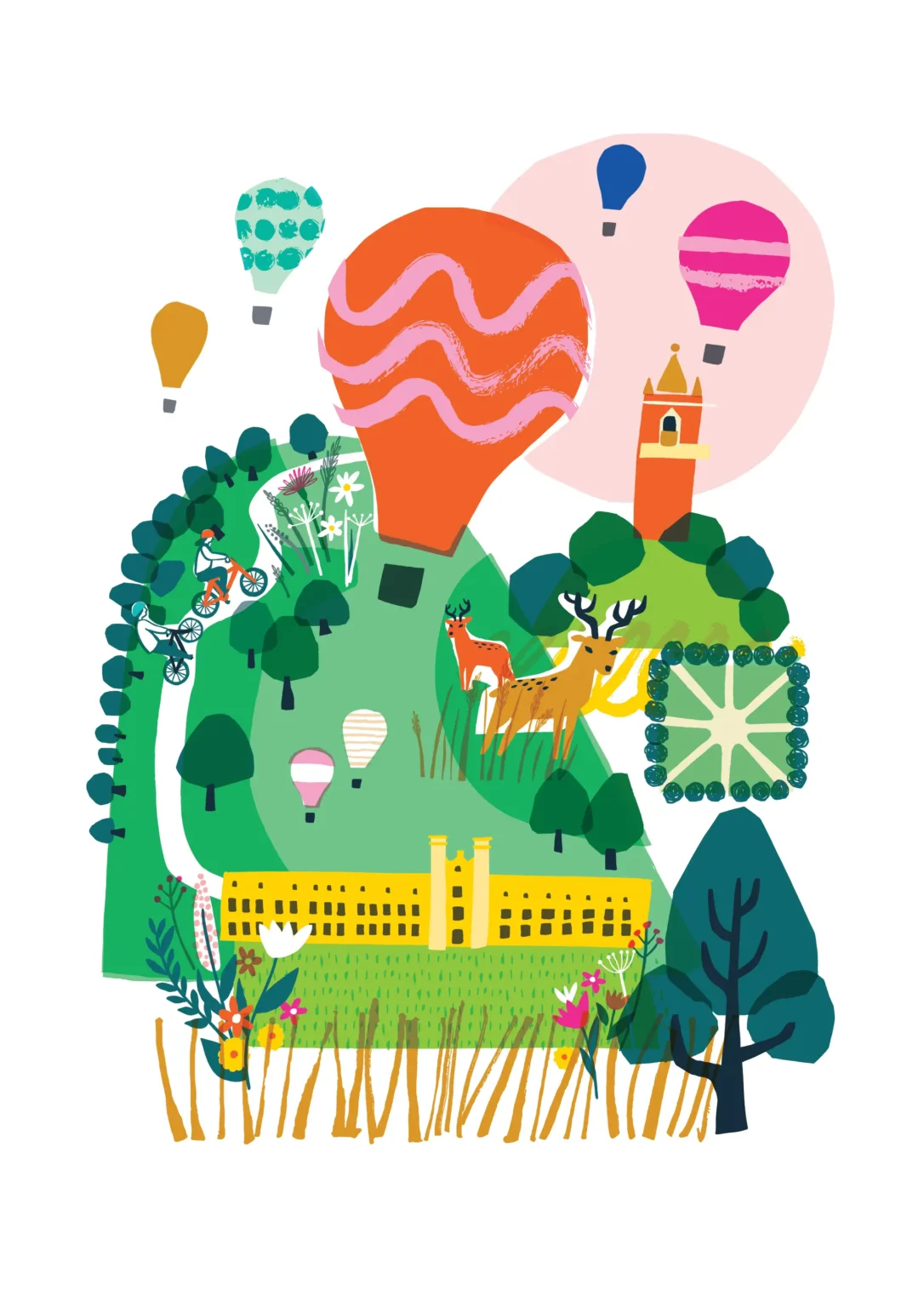 Graphic illustration of Bristol green spaces, featuring hot air balloons, bikes, and deer. To be used as hospital artwork
