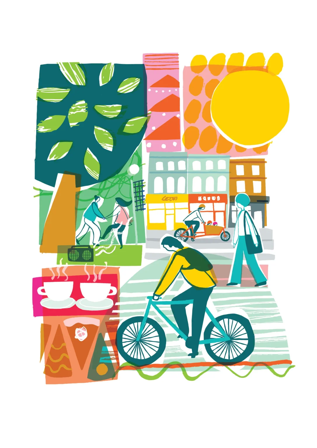Colourful illustration of Bristol 's independent spirit, featuring cyclists, shops, dancing outside and coffee and cake