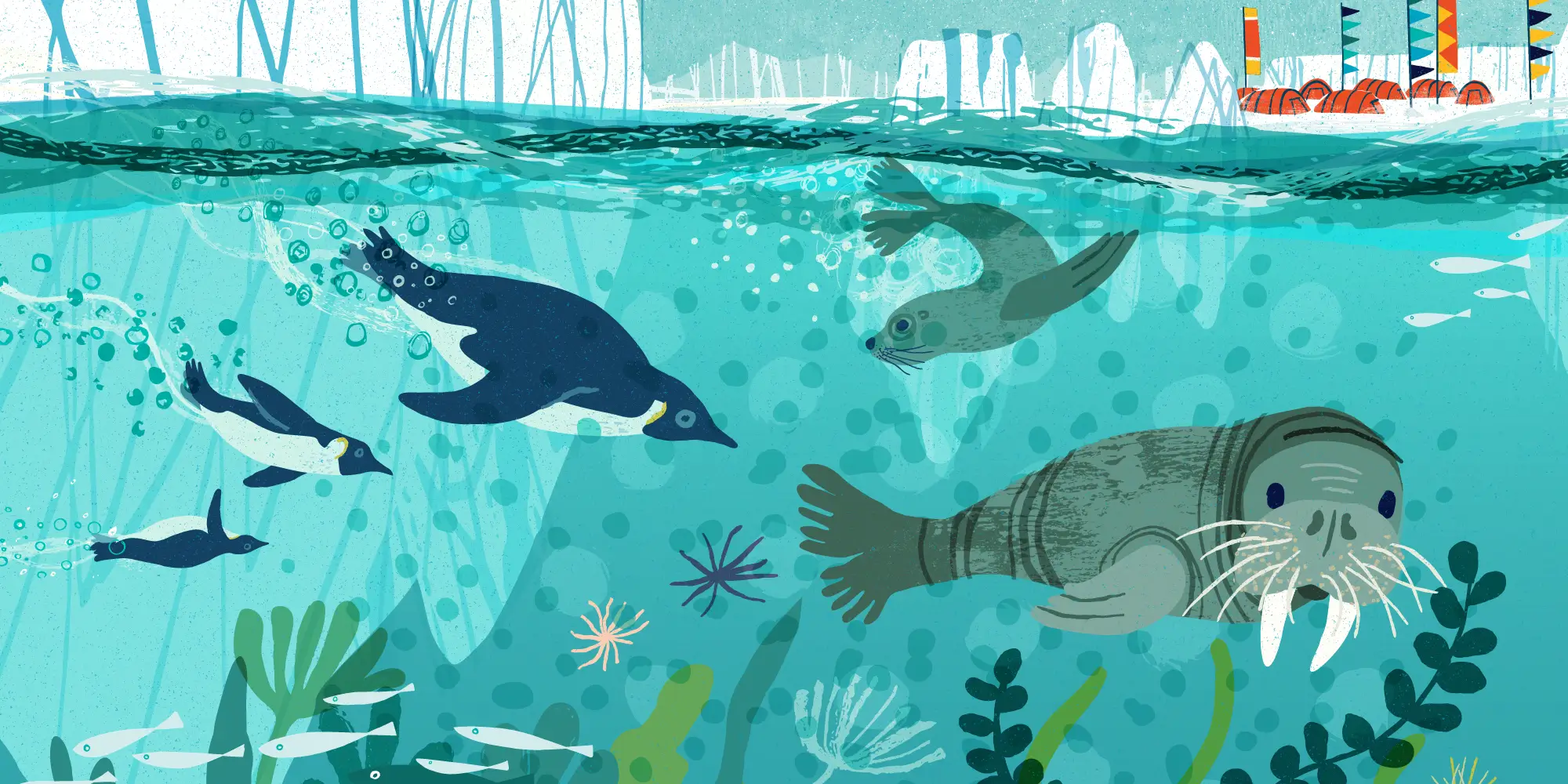 Underwater illustration featuring penguins, a walrus and a sea lion, mural artwork for a hospital waiting room
