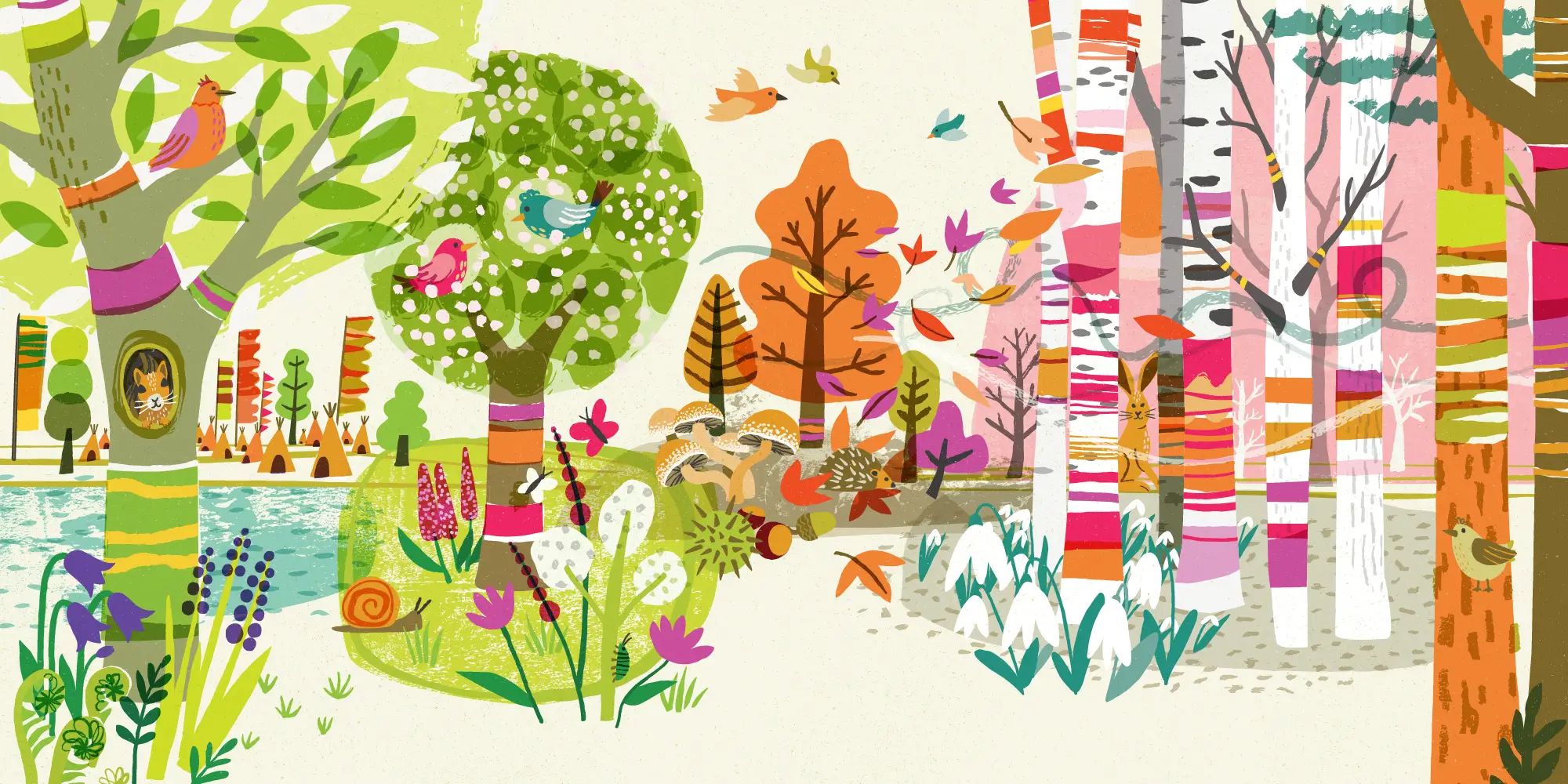 Colourful woodland illustration - mural artwork for a hospital waiting room