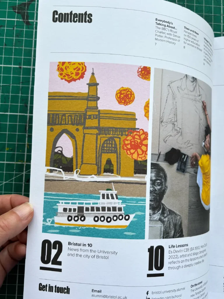 Photo of an inside page of Nonesuch magazine, featuring an illustration by Carys Tait