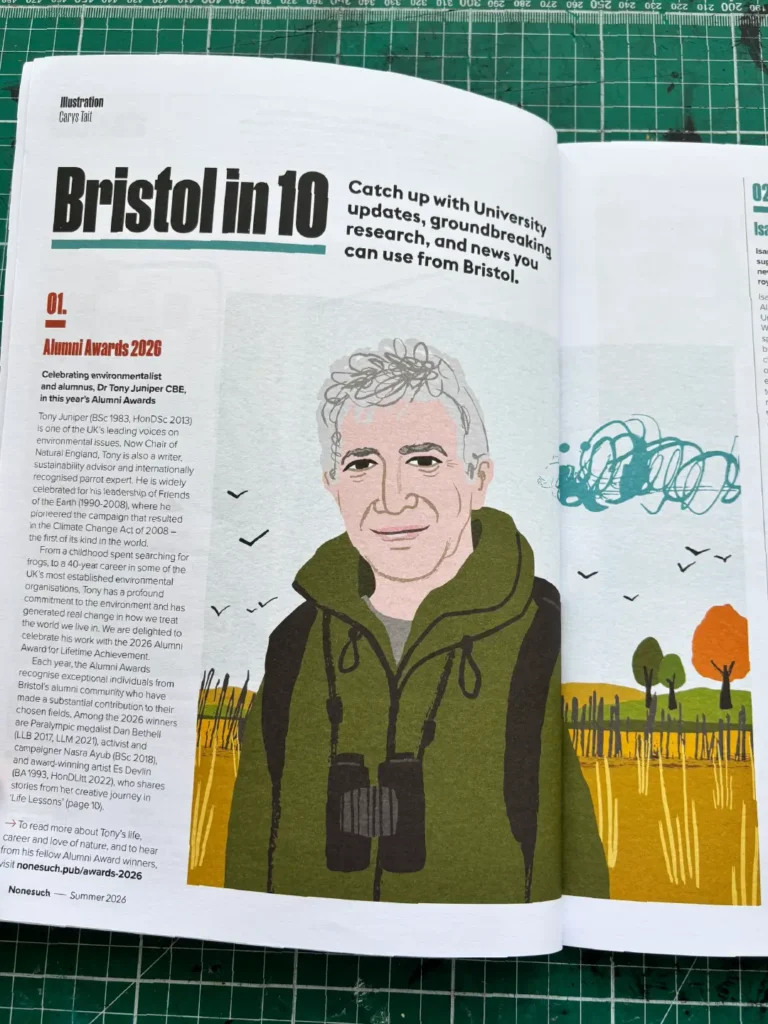 Photo of an inside page of Nonesuch magazine, featuring an illustration by Carys Tait