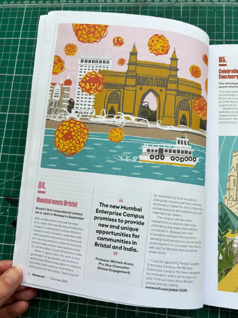 Photo of an inside page of Nonesuch magazine, featuring an illustration by Carys Tait