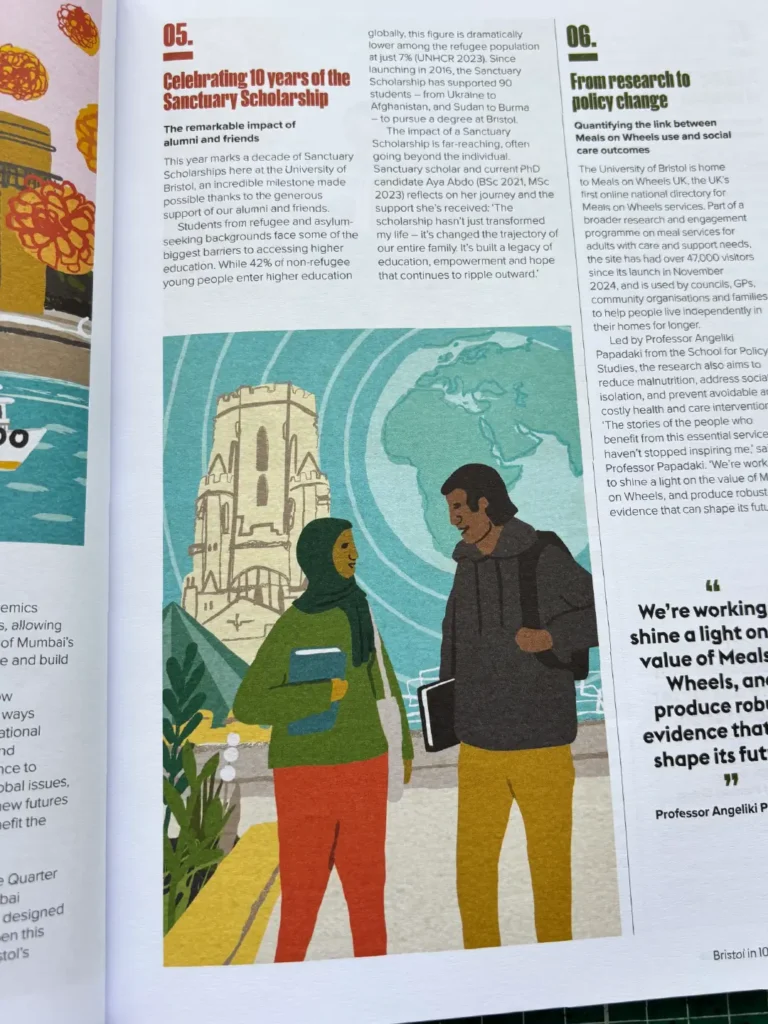 Photo of an inside page of Nonesuch magazine, featuring an illustration by Carys Tait