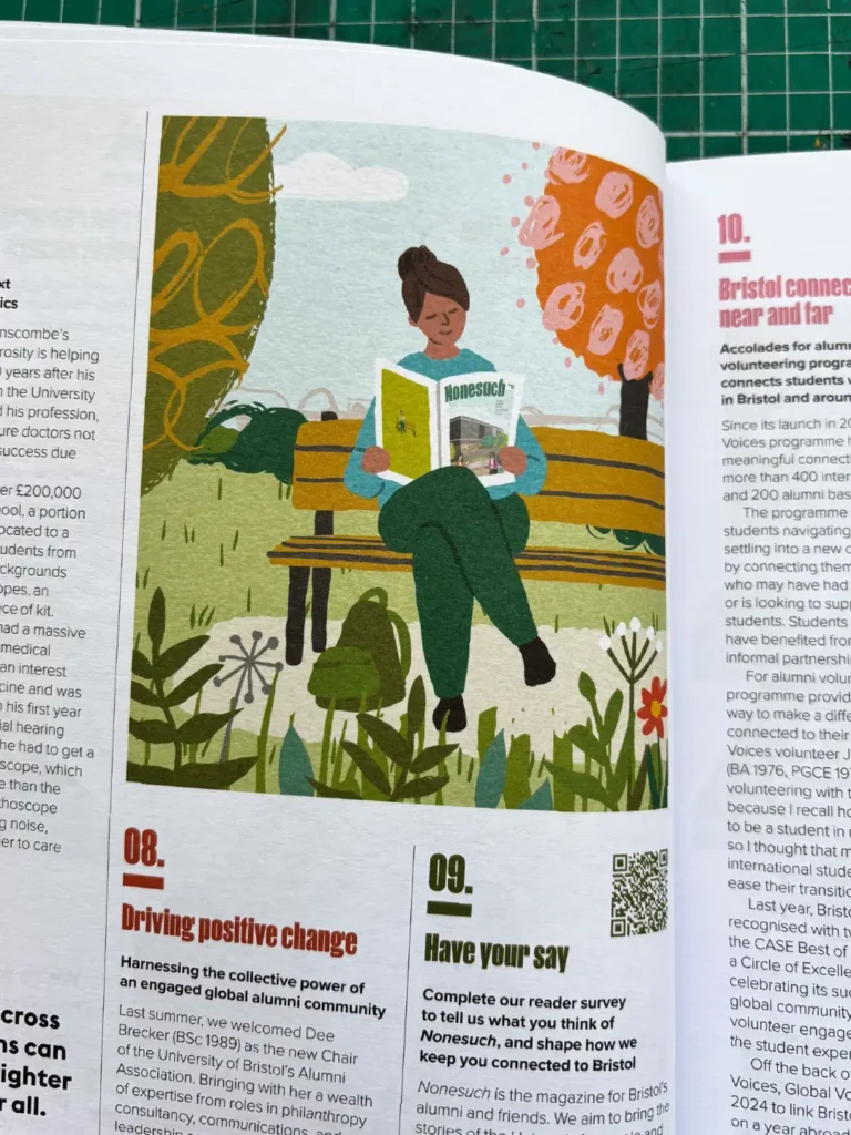 Photo of an inside page of Nonesuch magazine, featuring an illustration by Carys Tait