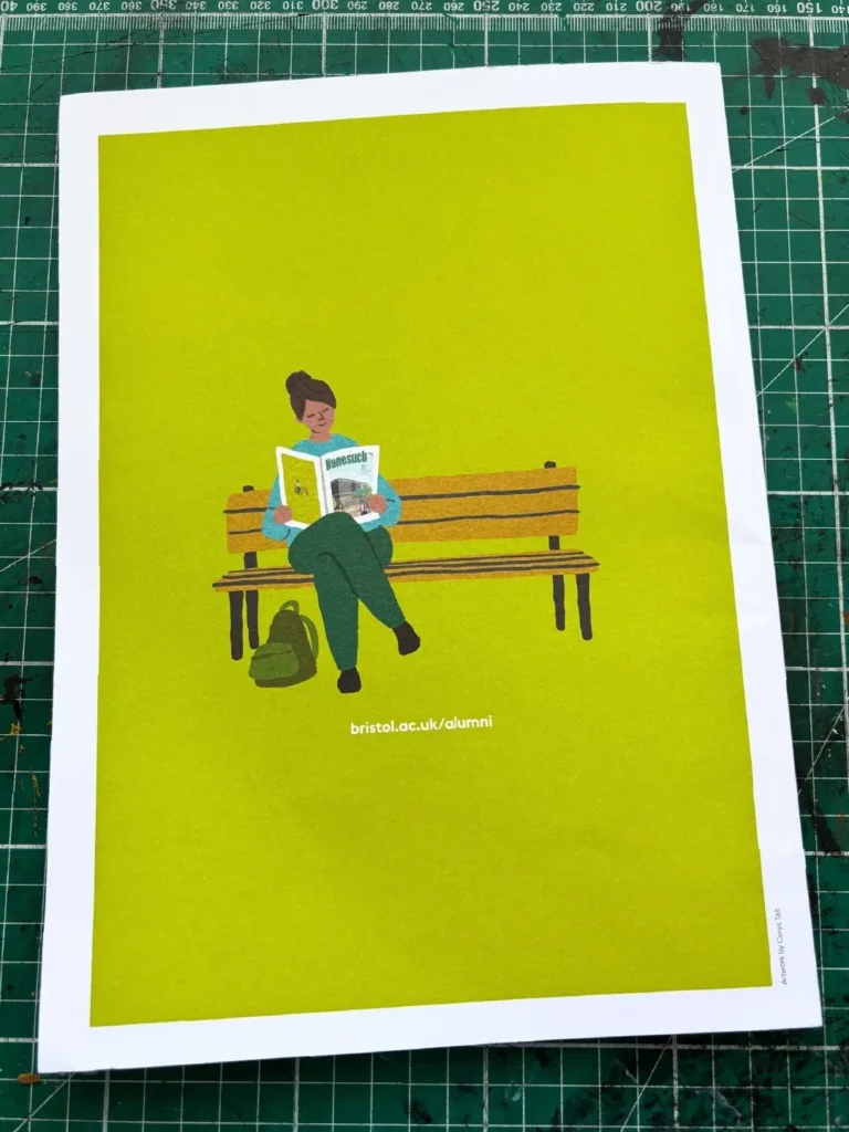 Photo of an inside page of Nonesuch magazine, featuring an illustration by Carys Tait